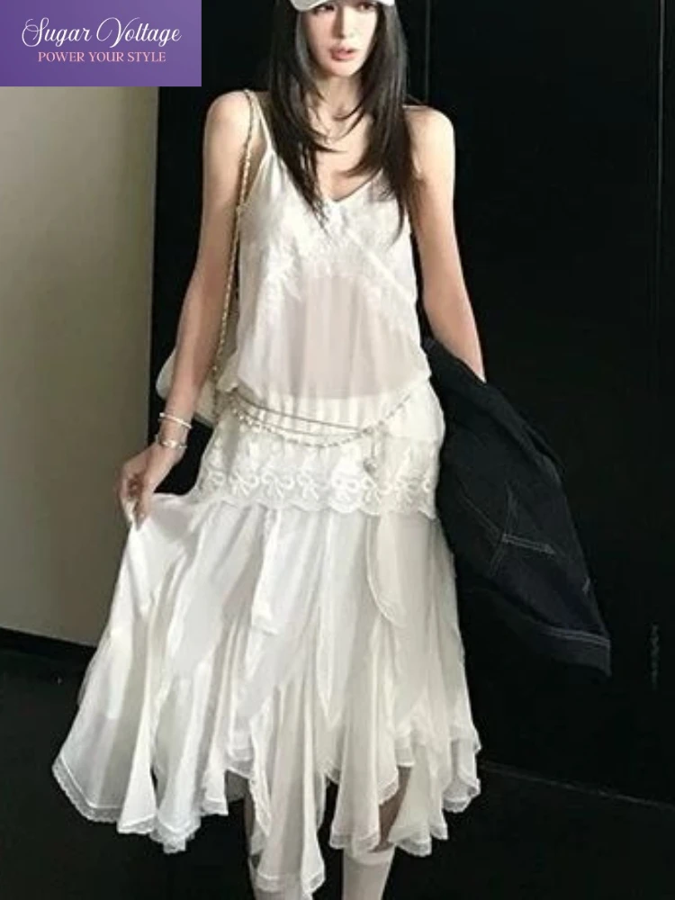 

Autumn Korean Fashion Elegant Luxury 2 Piece Set Women Slim V-Neck Lace Sling Tops + Gauze Skirt French Casual Solid Chic Outfit