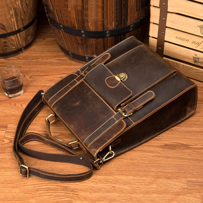 Nieuwe Gekke Paard Echt Lederen Zakelijke Heren Aktetas Dames Vintage Handtas Rugzak Één Schouder Tas 14 Inch Tablet