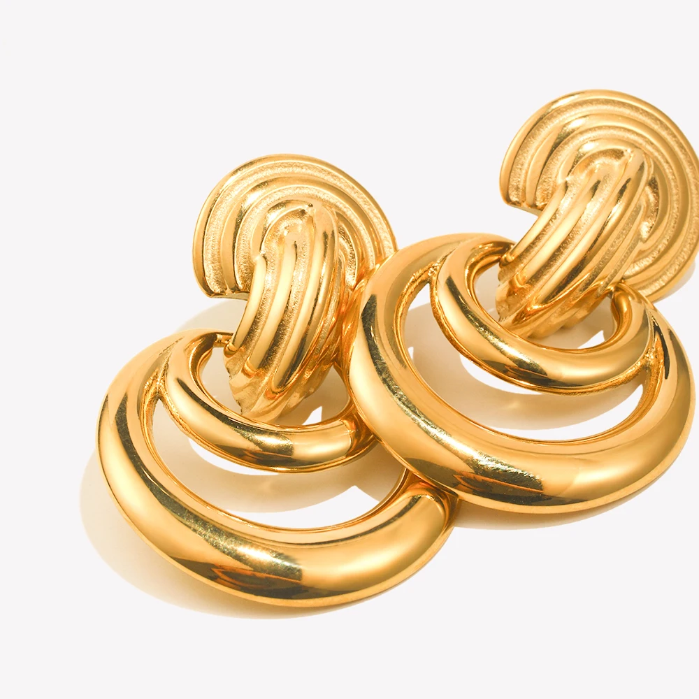 E.B.belle New Design Vintage Double Lines Circle Stud Earring Stainless Steel 18K Gold Plated Women Statement Jewelry