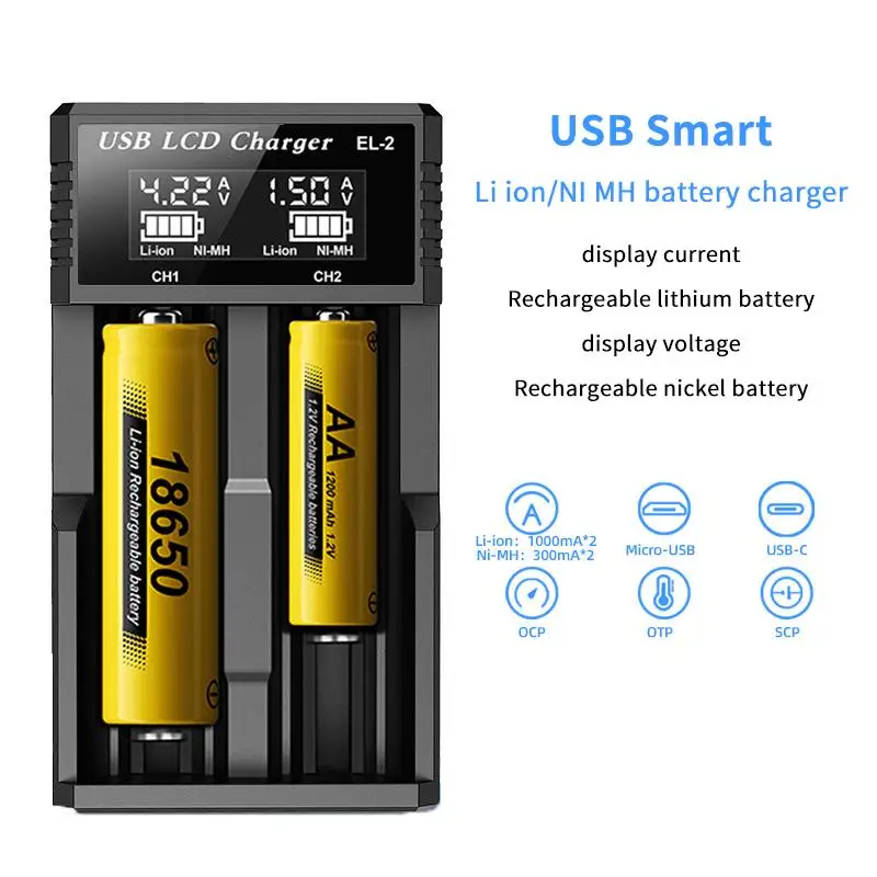 

USB-зарядное устройство с ЖК-дисплеем, интеллектуальное зарядное устройство с 1/2 слотами для аккумуляторов 18650 3.7V, для перезаряжаемых литиевых аккумуляторов 1.2V NI-MH AA/AAA