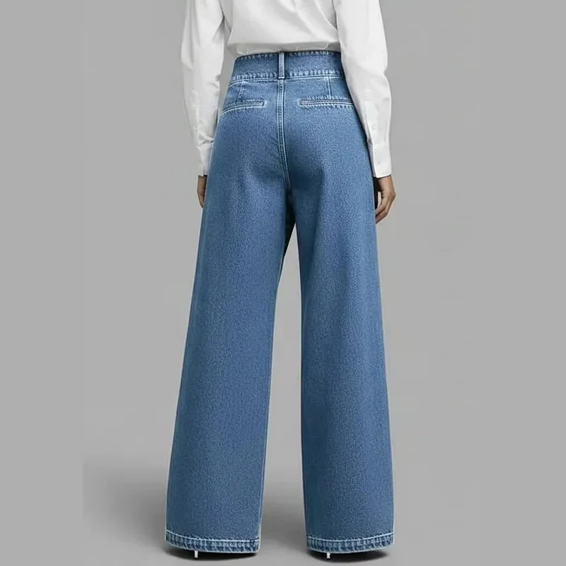 Women's Fashion Loose Fake Denim Pants High Waist Casual Splice Wide Leg Trousers 2026 New Elegant Streetwear