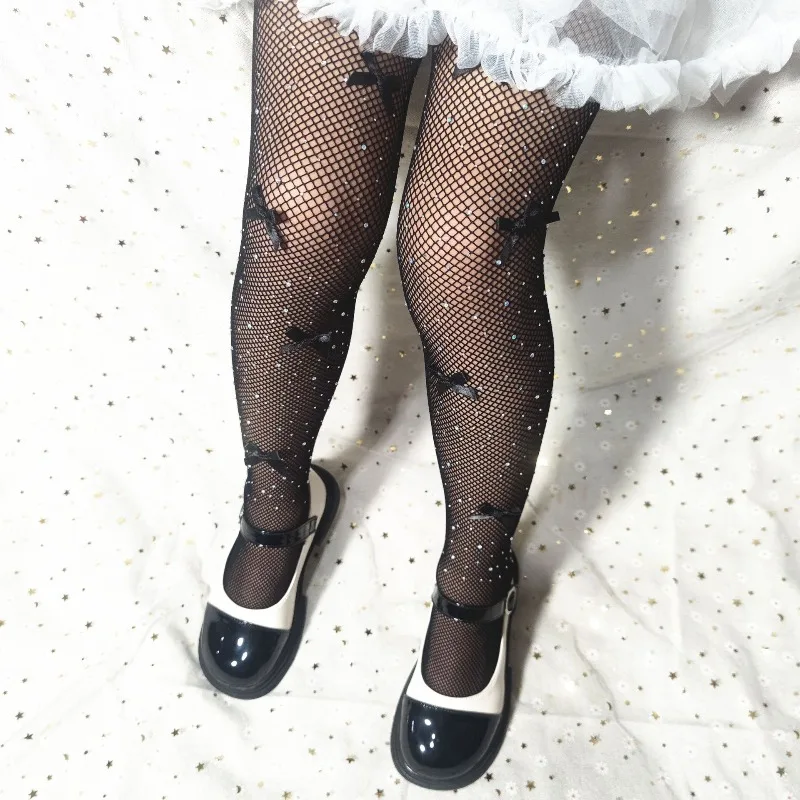 Summer Mesh Sparkling Rhinestone Fishnet Tights for Kids Girls Hollow-Out Leggings with Bow Children Tights Layering Socks