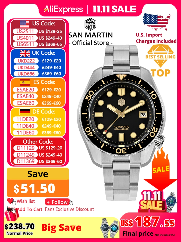 

San Martin 44mm Men Diver Watch Vintage MM300 Gilt Dial Sport NH35 Automatic Mechanical Sapphire Waterproof 300M C3 Lume SN0087