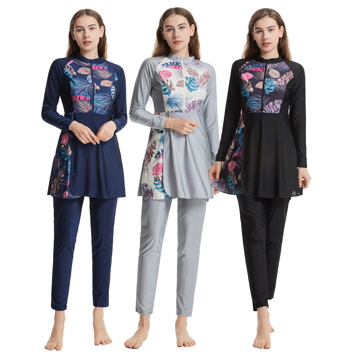 

Swimming Swimsuit Long Sleeve Tunic Front Zipper Swimwear Tropical Leaf Print Contrast Panel Bathing Suit High Neck Solid Navy
