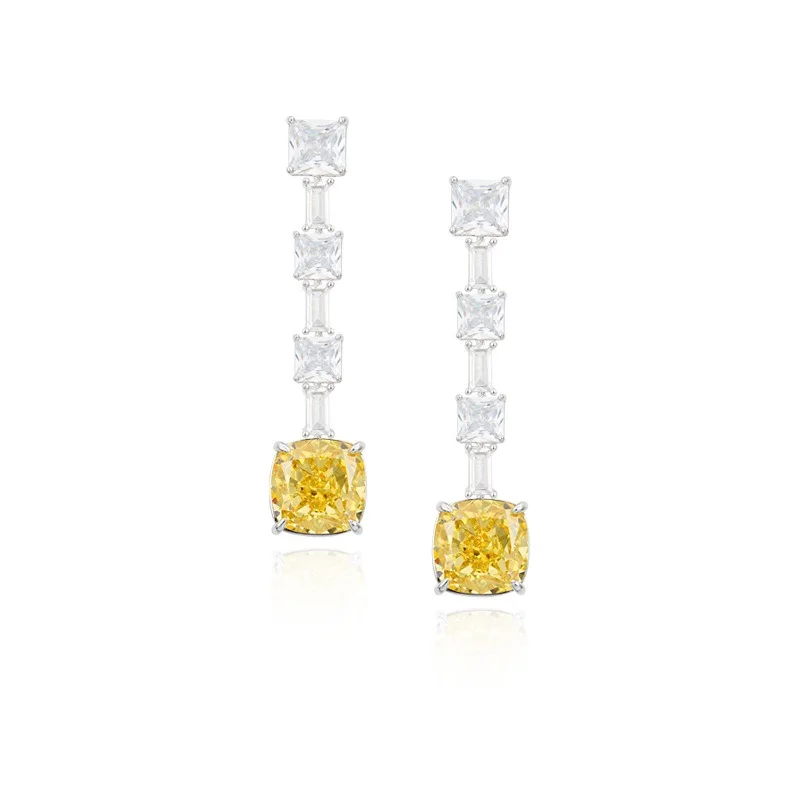 Luxury Sparkling Radiant Cut Square Yellow High Carbon Diamond Tennis Chain Necklace Long Drop Earrings Jewelry Sets For Women
