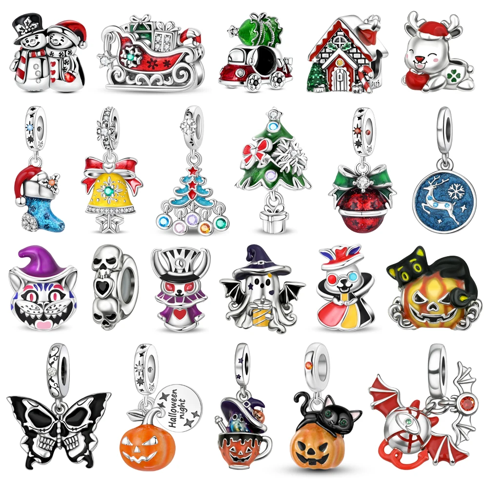 Hot Sale 925 Sterling Silver Sleigh & Snowman Beads & Pumpkin Head Dangle Charm Fits Bracelet Christmas And Halloween Gifts