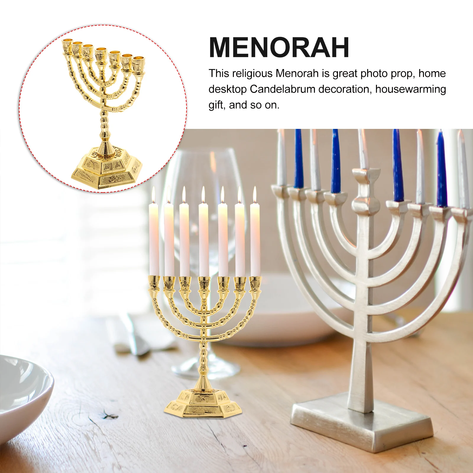 

Seven Hole Metal Menorah Candlestick Holder Zinc Alloy Religious Ornament Vintage Home Decor Candelabra Desk Accessories