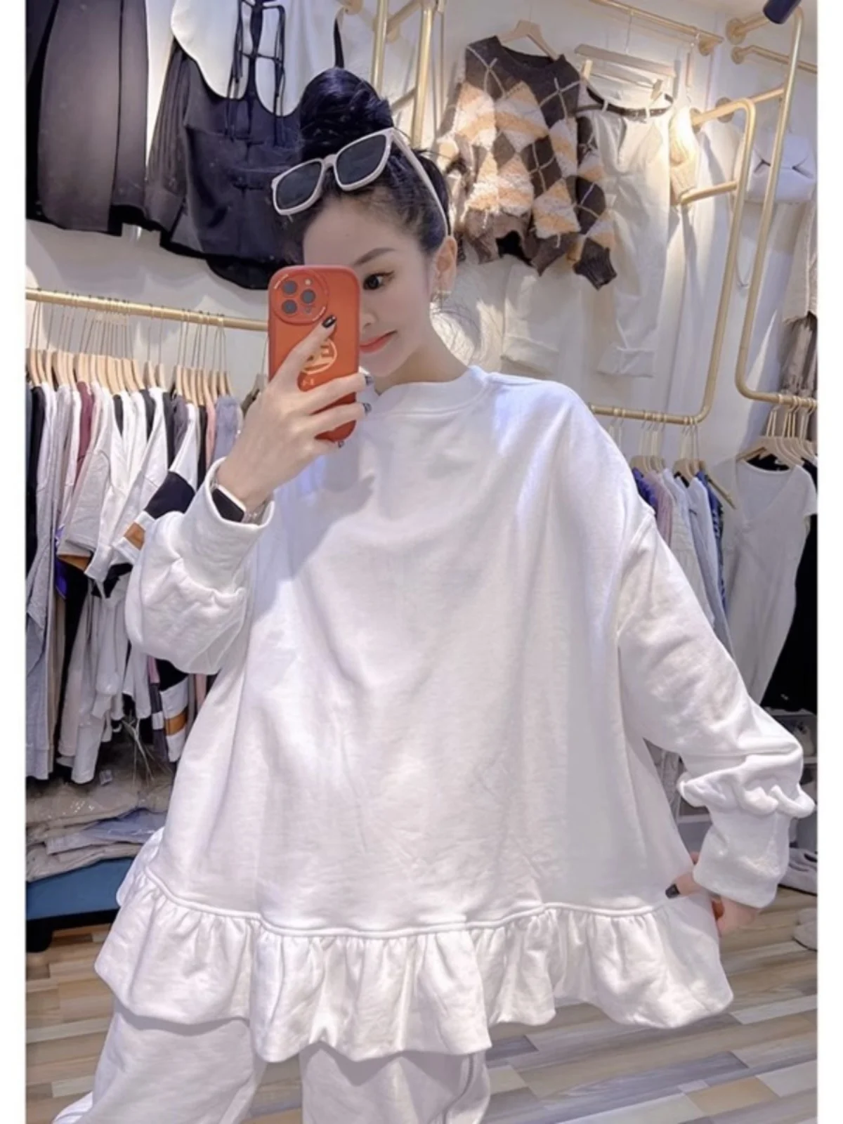 

Повседневная толстовка больших размеров, женская весенне-осенняя свободная посадка, круглая футболка Ne Long Sve, корейская мода, белая irt