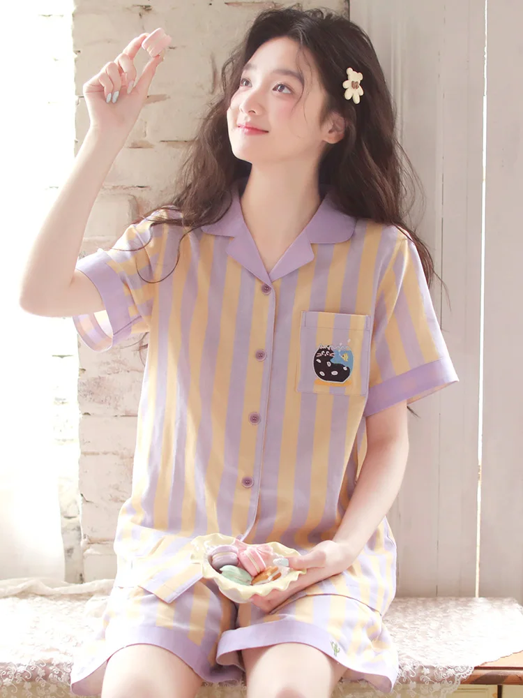 

Couple's pajamas summer pure cotton gauze women's high-end short sleeved shorts casual home clothes can be worn outside