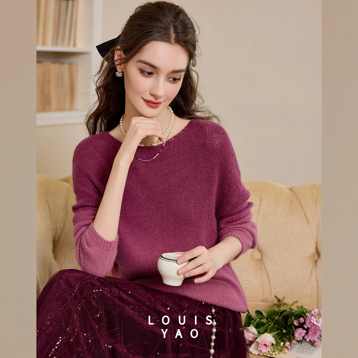 

LOUISYAO Gradient Color Knitted Sweater Women 2025 Fall Winter Drop Sleeves Crew Neck Premium Casual Knitwear Tops Best Seller