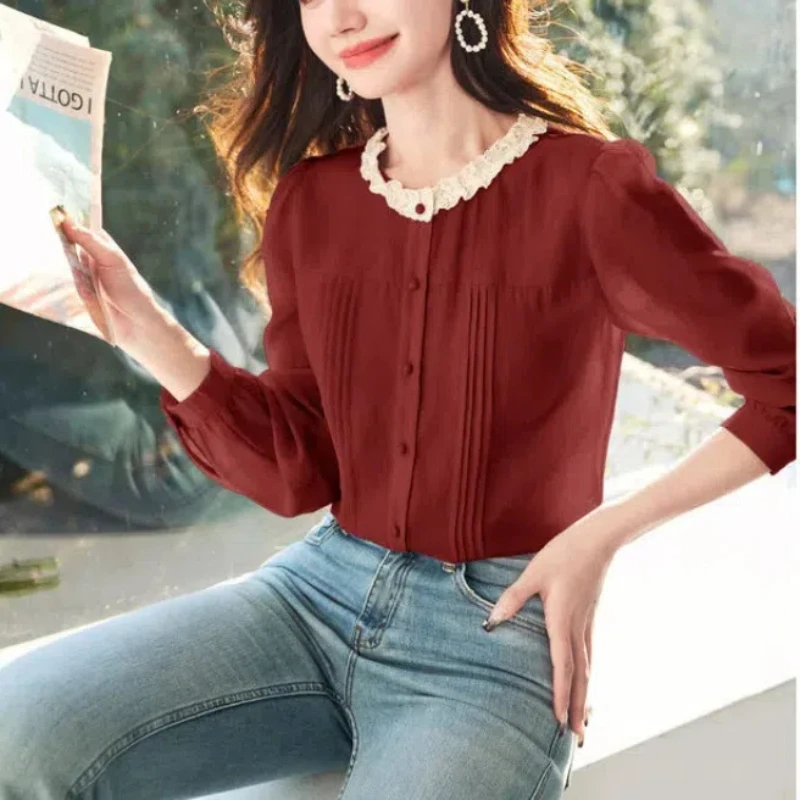 

Round Neck Pullover Lace Patchwork Shirring Button Solid Color Chiffon Lantern Long Sleeve Elegant T-shirt Women's Clothing Tops