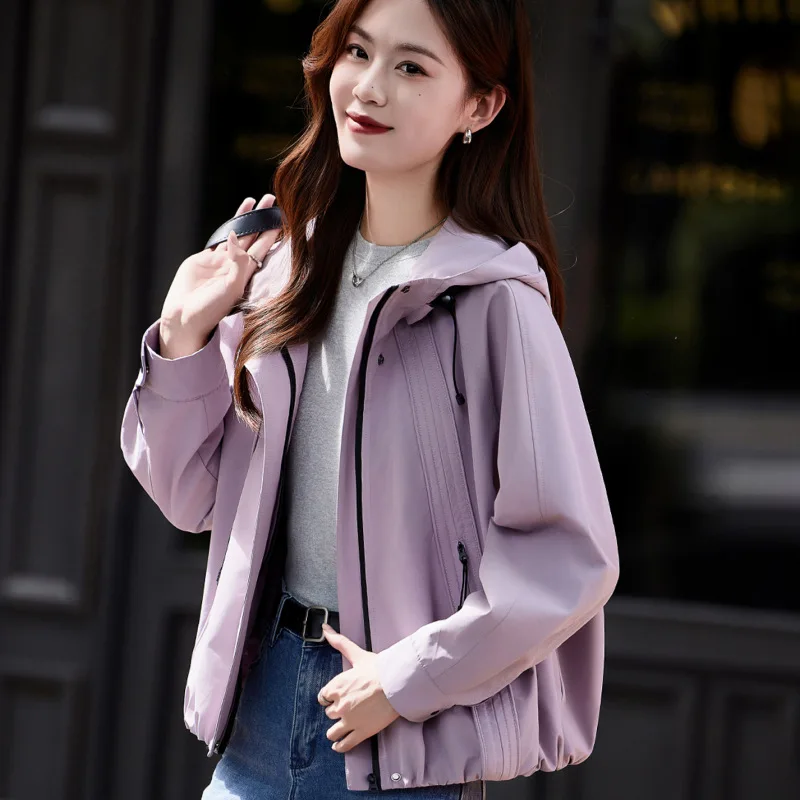 Autumn Winter Winderbreak Zip Up Jacket Women Fashion Drawstring Hooded Trench Coat Korean Loose Long Sleeve Safari Style Coat