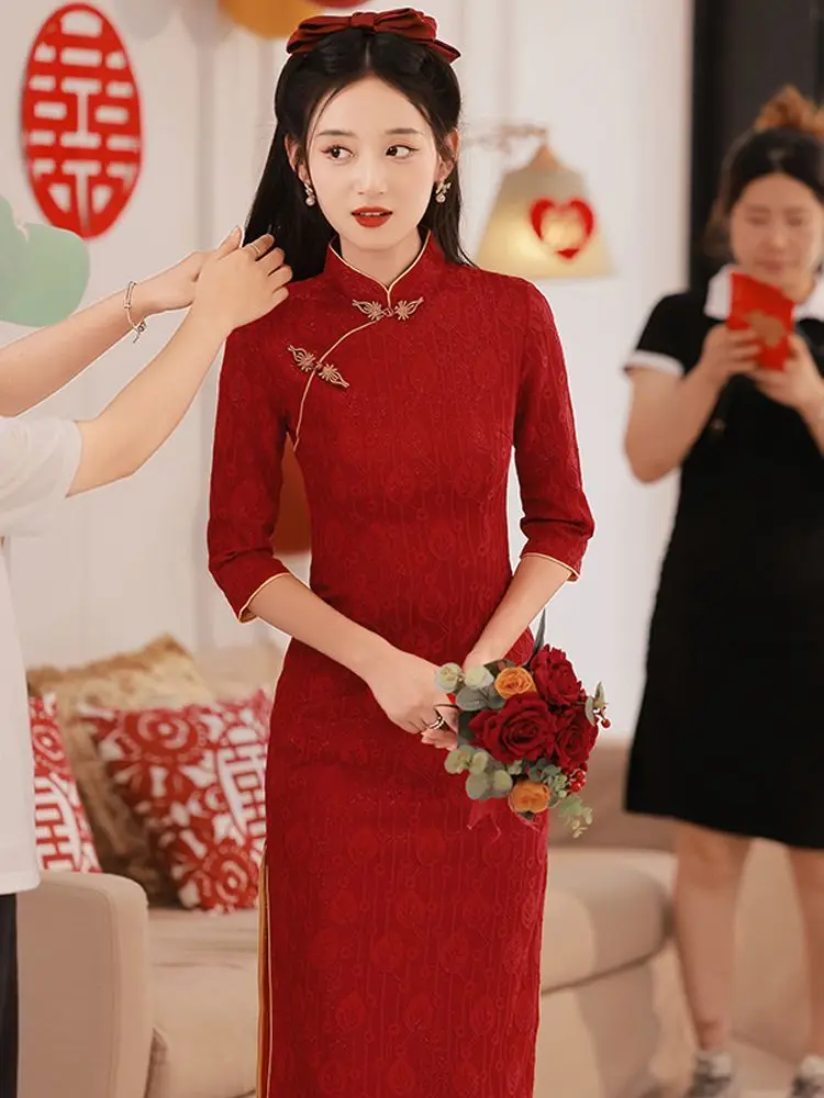 

Red Chinese Women Dress Vintage Long Sleeve Qipao Sexy Long Elegant Cheongsam For Wedding Party Dress Size S-2XL