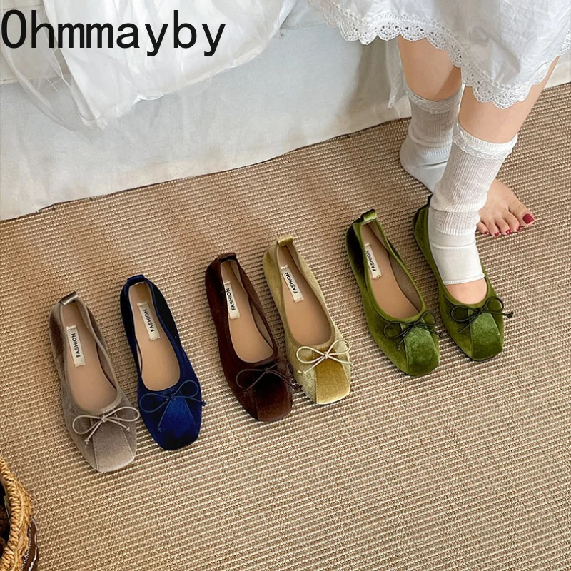 Spring Autumn Women Velvet Bow Ballet Flats Shallow Square Toe Slip On Shoes Casual Daily Walking Ladies Soft Sole Dress Loafers