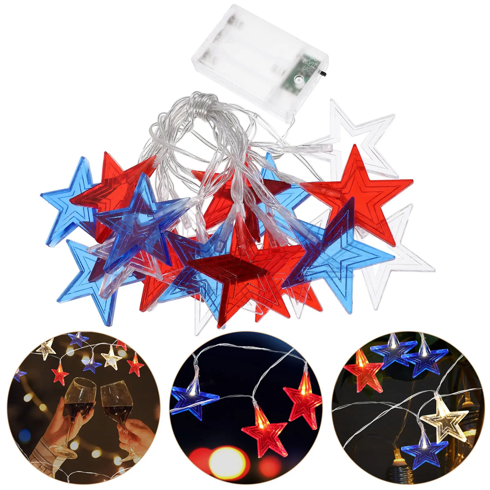 

American Independence -Pointed Star LED String Light Colorful Operated Patriotic String Lamp for Outdoor Indoor