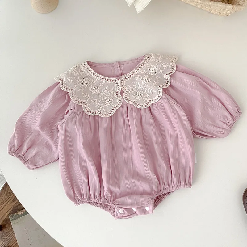 

2024 New Spring Newborn Baby Girl Jumpsuit Long Sleeved Cotton Lace Splicing Infant Baby Girl Bodysuits 0-24M Children Clothes