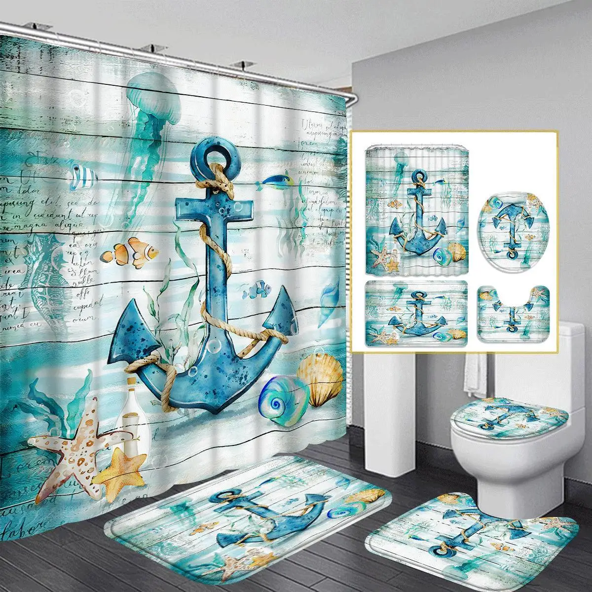 

[Blue Star Shower] 4pcs Blue Star Shower Curtain Decoration | Waterproof Shower Curtain And Toilet Floor Mat Three Piece Set wit