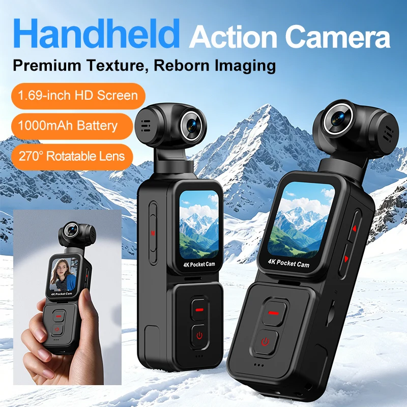 UHD 4K Handle Action camera Pocket Recorder WIFI with 270° Rotatable Night Vision Lens Loop Recording Wearable for Travel Sports