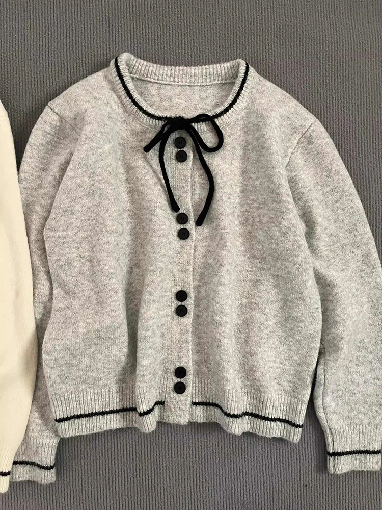 Autumn Winter New Knitted Cardigan Women's Versatile Round Neck Sweater Color Blocked Single Breasted Cute Bow Decorative Top