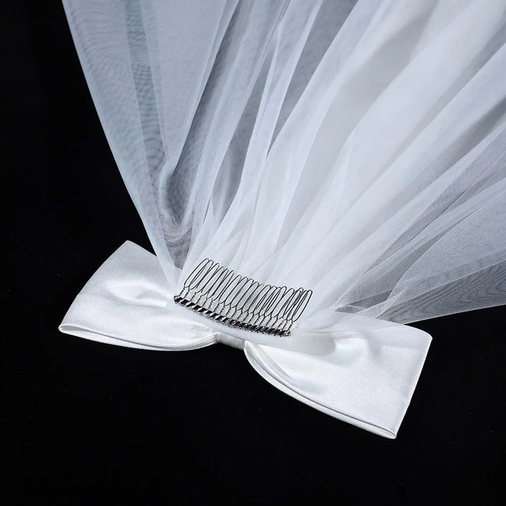 شال جميل طويل من الساتان القوس الحجاب طبقة واحدة لينة تول العروس الأبيض القبعات لينة اليدوية غطاء الرأس الزفاف الكنيسة #5