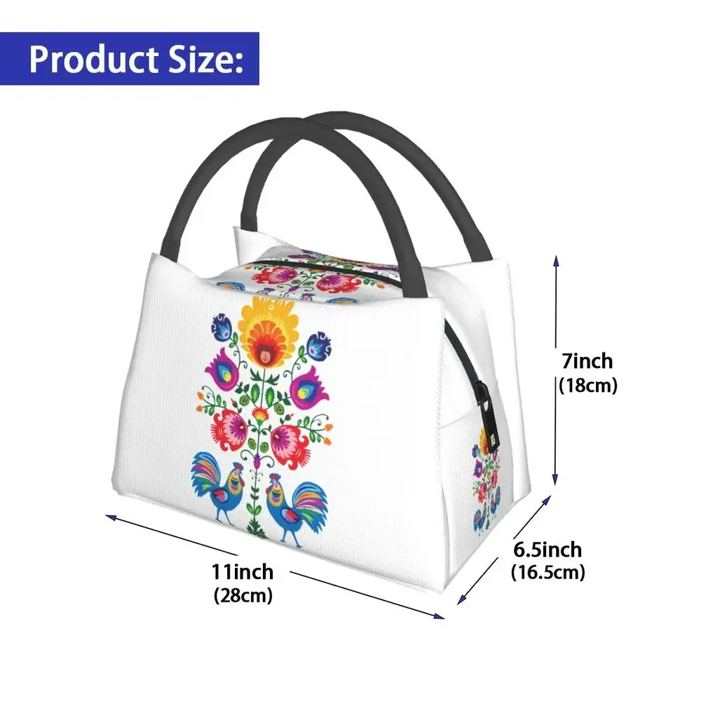 Polish Folk Flowers And Roosters Insulated Lunch Bag for Women Leakproof Poland Floral Art Cooler Thermal Bento Box Work Picnic