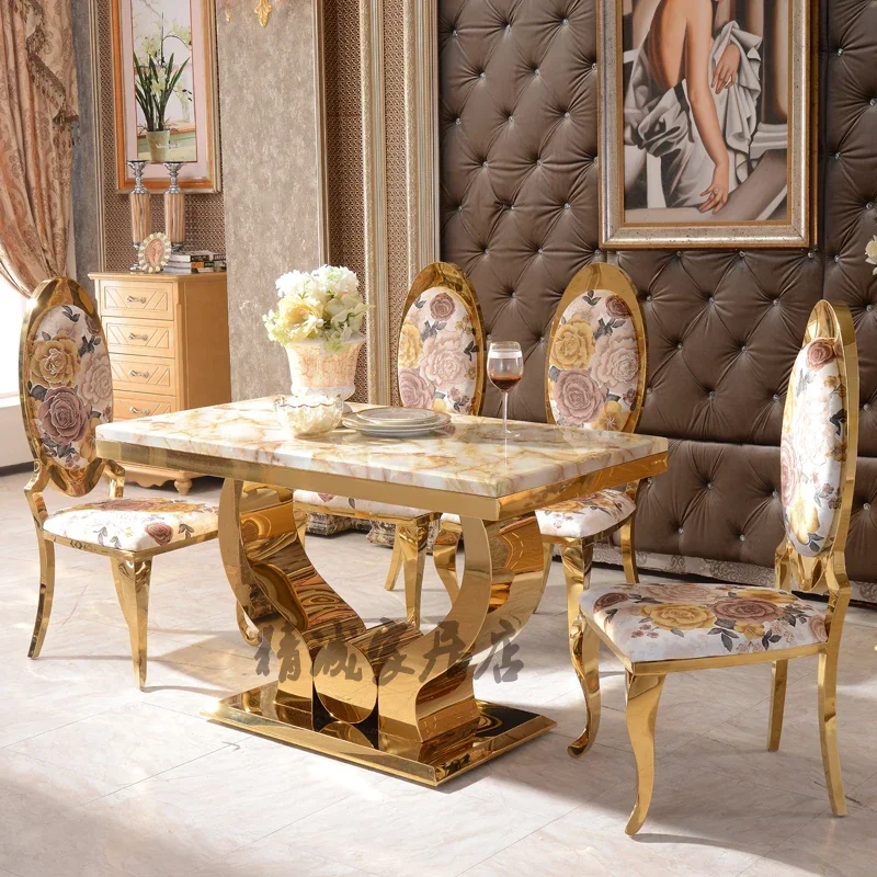 

European stainless steel marble dining table rectangular creative luxury household metal chairs