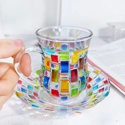 Colored Hand Painted Turkish Glass Coffee Cup Water Cup Tea Cup Plate Mug with Handle Two Piece Suit Home