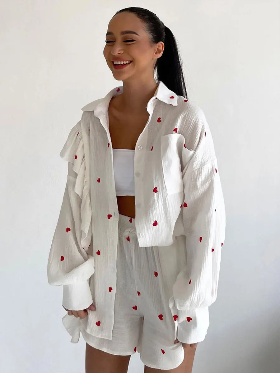 Cotton Ruffle Edge Two Piece Shorts Set Print Heart strawberry Long Sleeve Single Breasted Blouse Shirt+Wide Leg Shorts