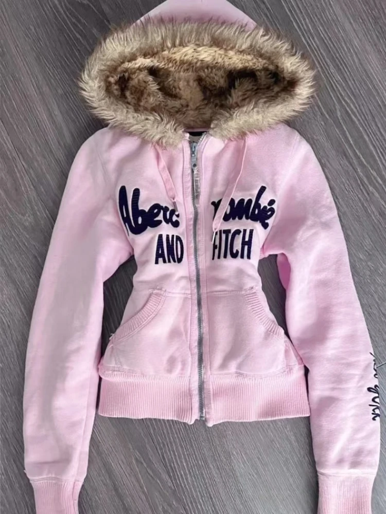 

Aesthetic Y2k Vintage Slim Hoodie Women Autumn Winter Zipper Warm Hooded Coat Chic Embroidered Letter Casual Sweatshirt 2025 New