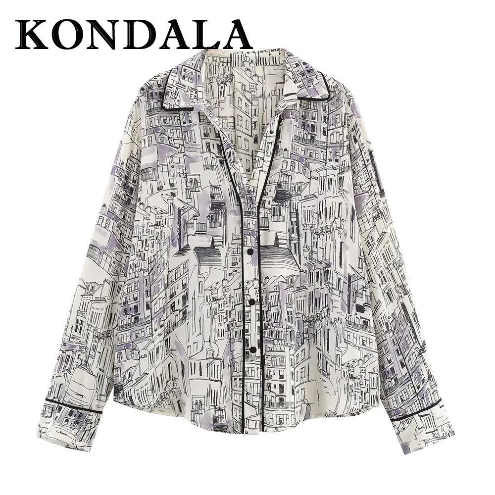 

KONDALA 2025 шикарная повседневная женская рубашка с праздничным принтом, однобортная свободная уличная одежда с отложным воротником, винтажная шикарная женская рубашка