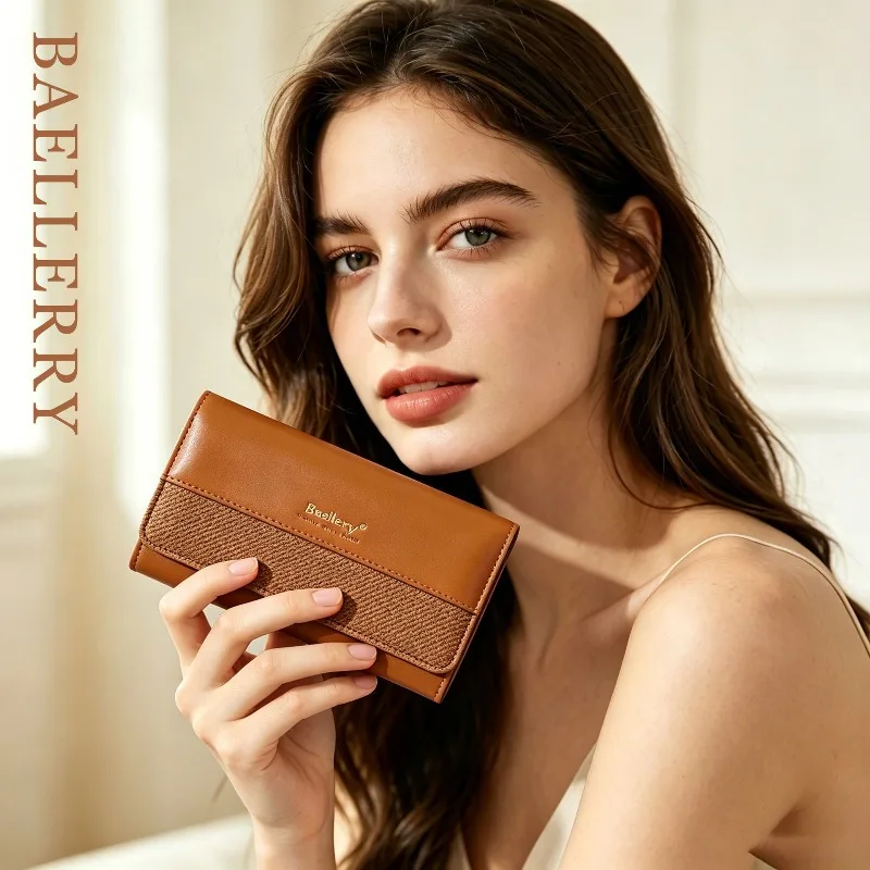 Baellerry Women's Long Wallet Handbag Card Clips Zipper Female Coin Purse Photo Holder Elegant Simple Money Clip for Girls