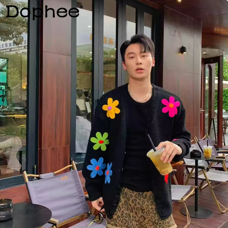 

2025 Men's Autumn Winter New Loose Sweaters Colorful Flower Handmade 3D Crochet V-Neck Cardigan Tops Color Matching Knitwears