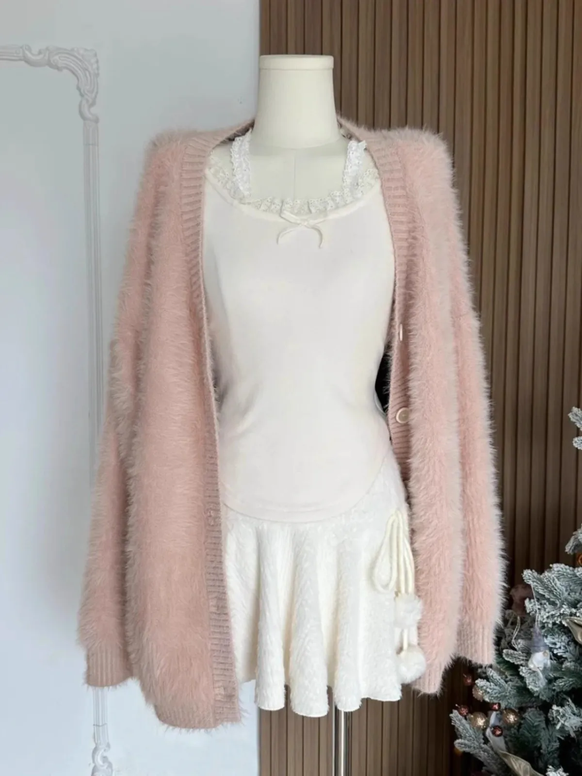 plus Size Pure Desire White Knitted Plush  Skirt Women's Autumn Winter New Sweet A-Line Skirt Fluffy Pleated Skirt