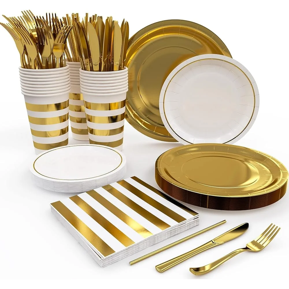 

Gold Paper Party Set 175 Pcs 25 Guests Disposable Plates Cups Napkins Silverware Elegant Birthday Wedding Event Supplies