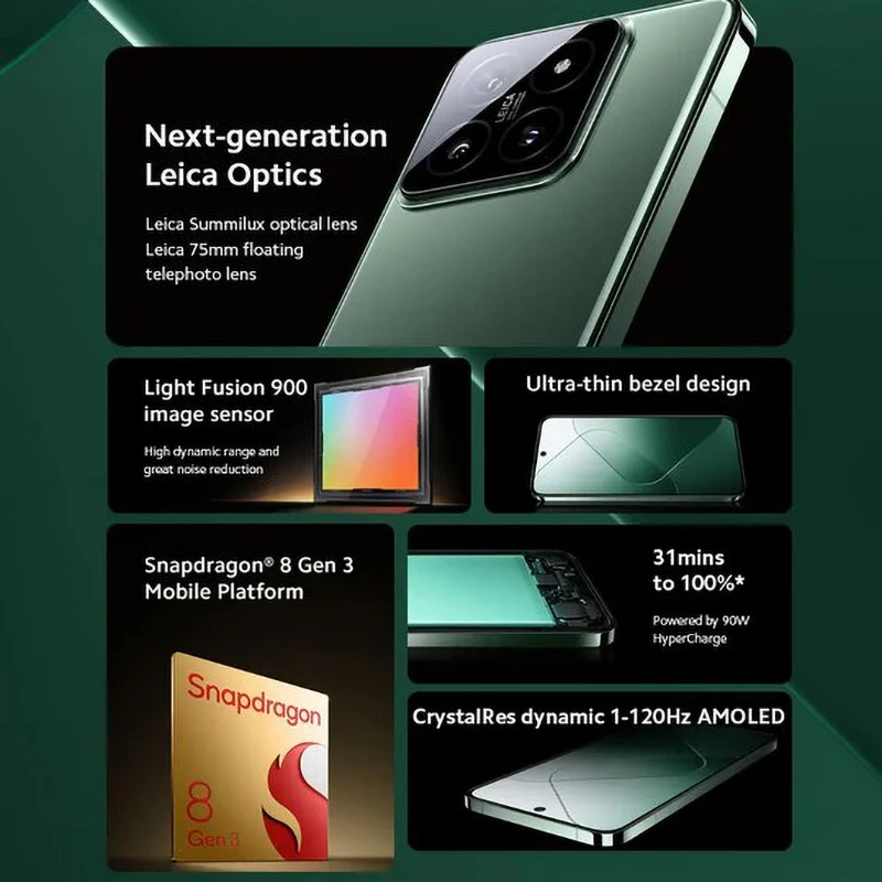 Snapdragon Xiaomi-14グローバルバージョン®Amoled Display Leica 8 gen 3スマートフォン,1.5k,6.36インチ,50mpカメラ,90w過充電,IP68