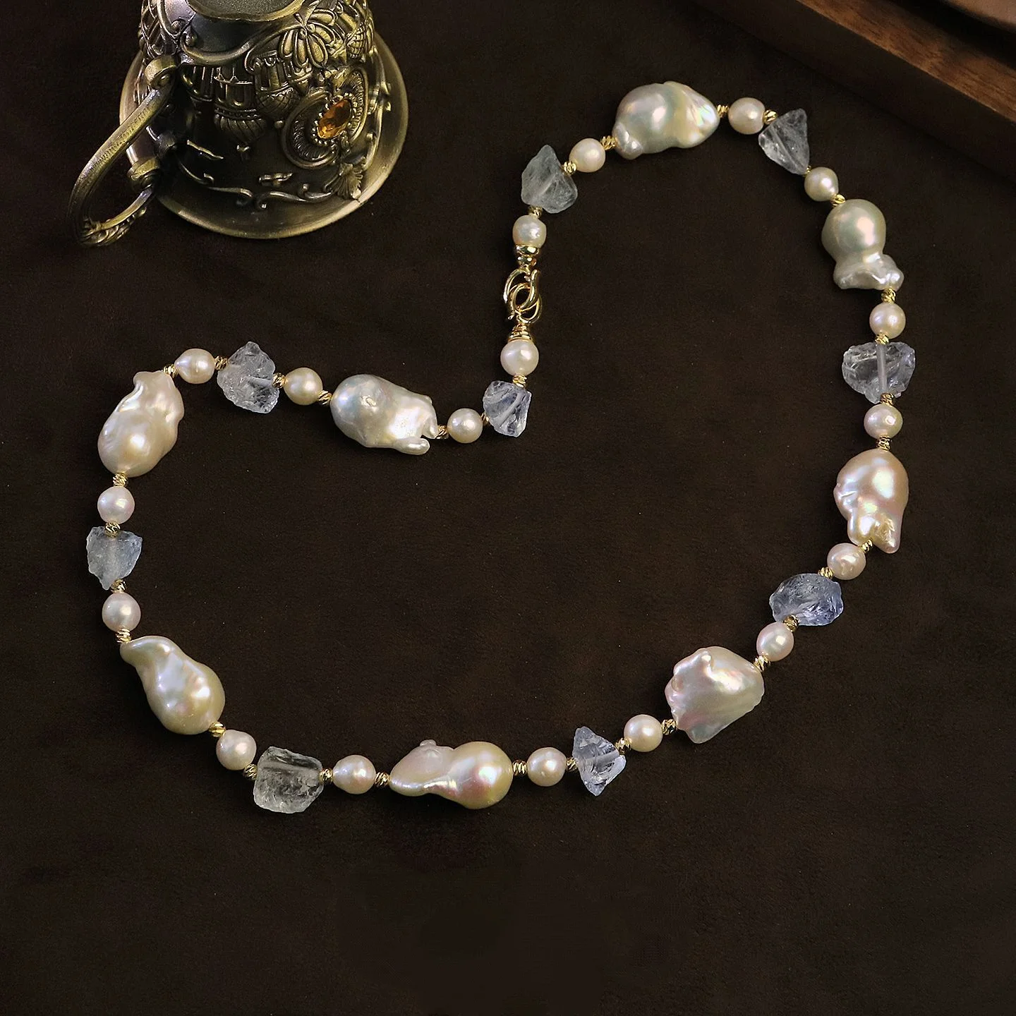 Delicate Baroque Pearl Aquamarine Choker Necklace for Women Original Design Luxury Adjustable Clavicle Chain Collar Jewelry
