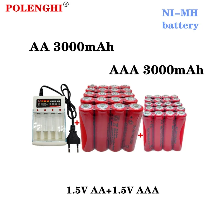 POLENGHI 8-40PCS 1.5V AAA 3000mAh+1.5V AA 3000mAh nickel hydrogen pre charged battery+charger, used for microphone toys