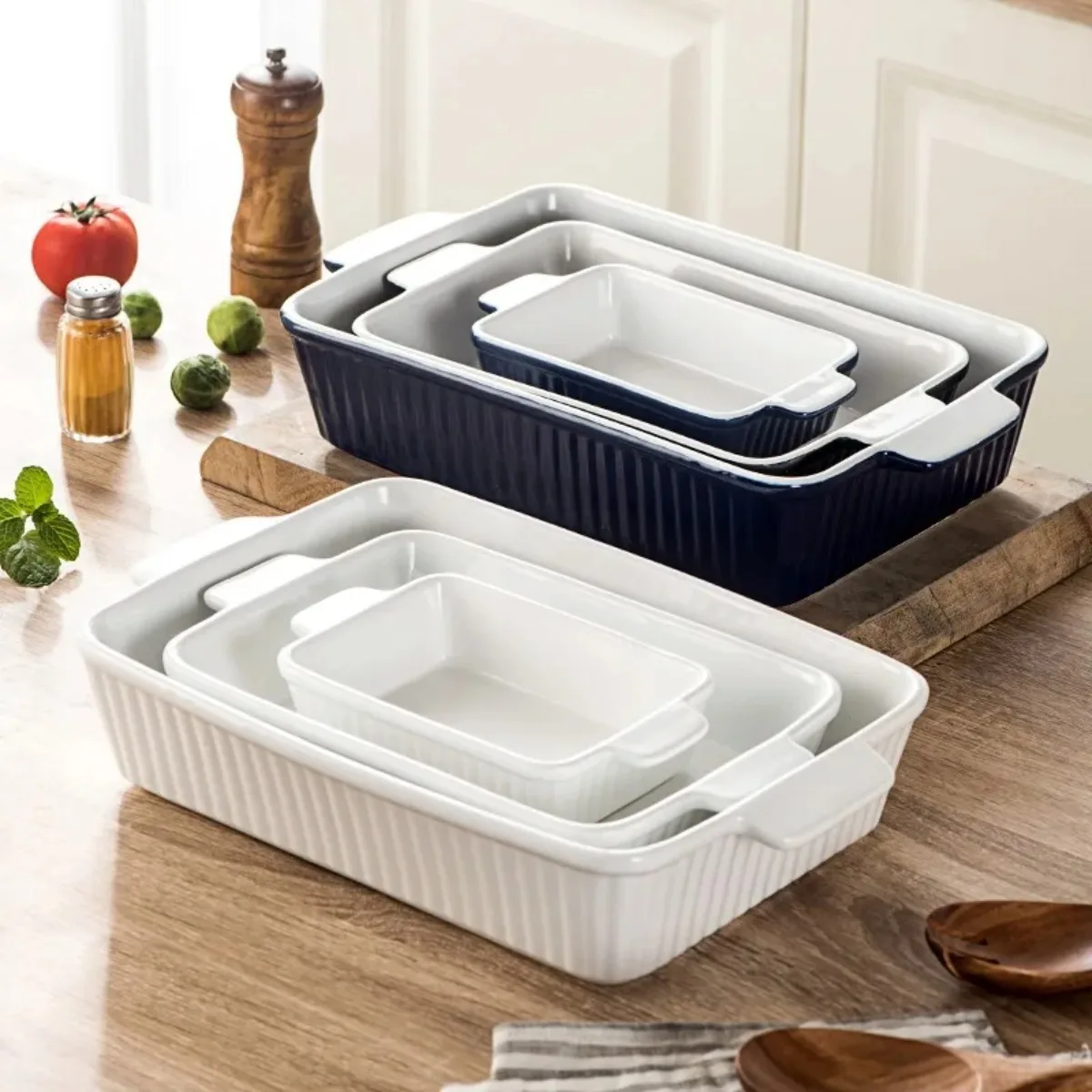 3 Sizes Ceramic Double Ear Baking Dish Rectangular Casserole Set for Cheese Rice Microwave Safe Oven Baking Tray with Handles