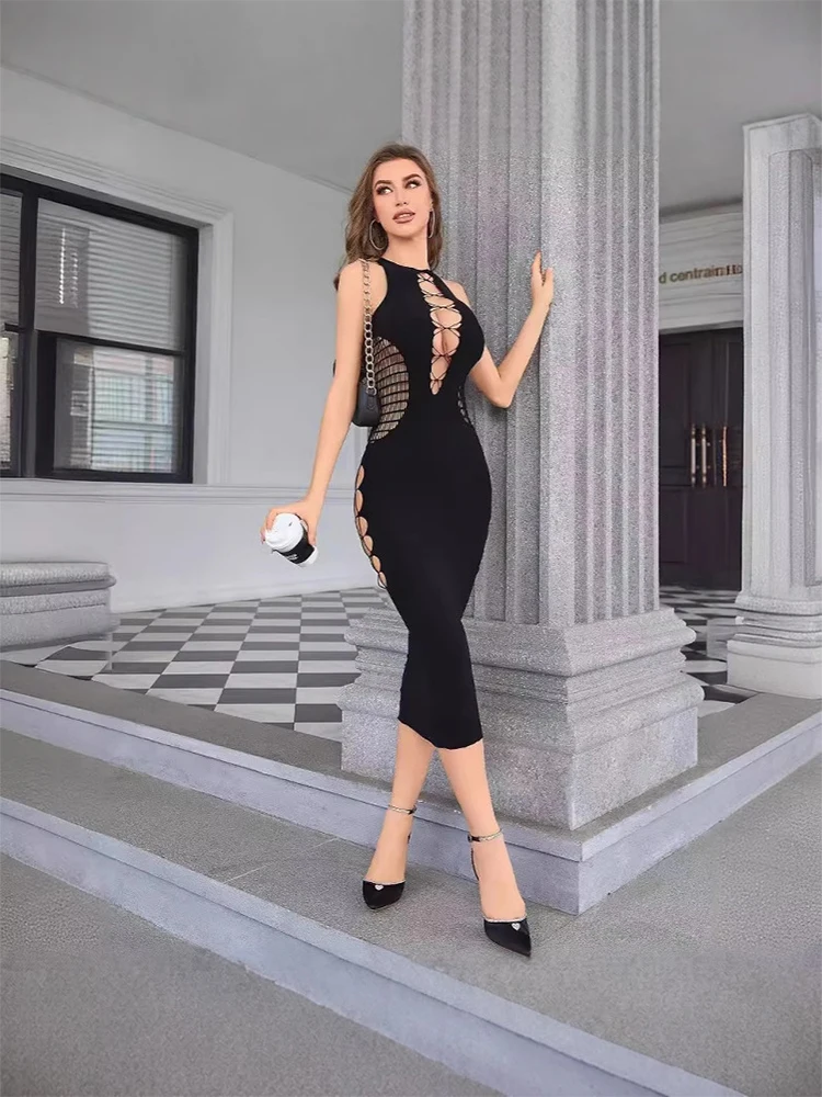 Sexy Damenkleid, Neckholder, figurbetont, langes Kleid, schwarz, mit Schnürung vorne, seitlicher Ausschnitt, ärmellos, Midi, Party, Club, Abendkleid