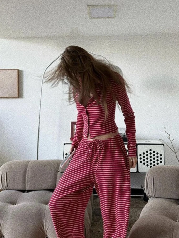 

Пижамный комплект в американском стиле для дерзких девушек, ретро-полосатый, весенне-осенний, модный, в стиле Харадзюку