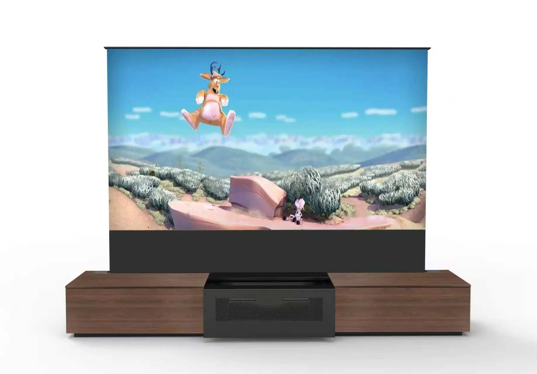Electric Retractable Laser TV Cabinet + Motorized Floor Rising Pet Crystal ALR Screen for UST 4K/8K Projectors