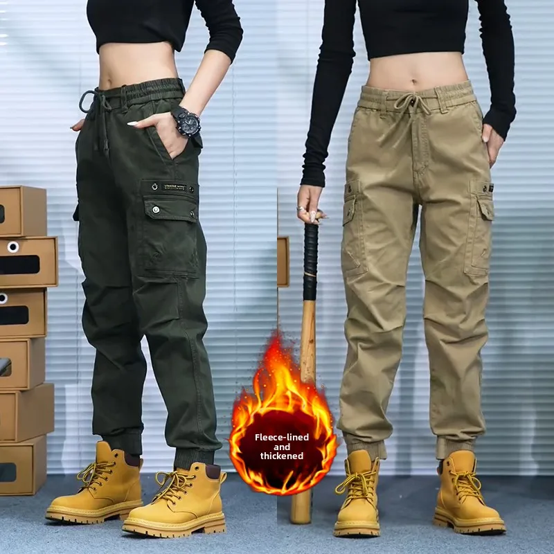

Мужские повседневные брюки-карго на флисовой подкладке с эластичным поясом, осенне-зимние, свободного кроя, модные, винтажные, рабочие, прямые, хлопковые