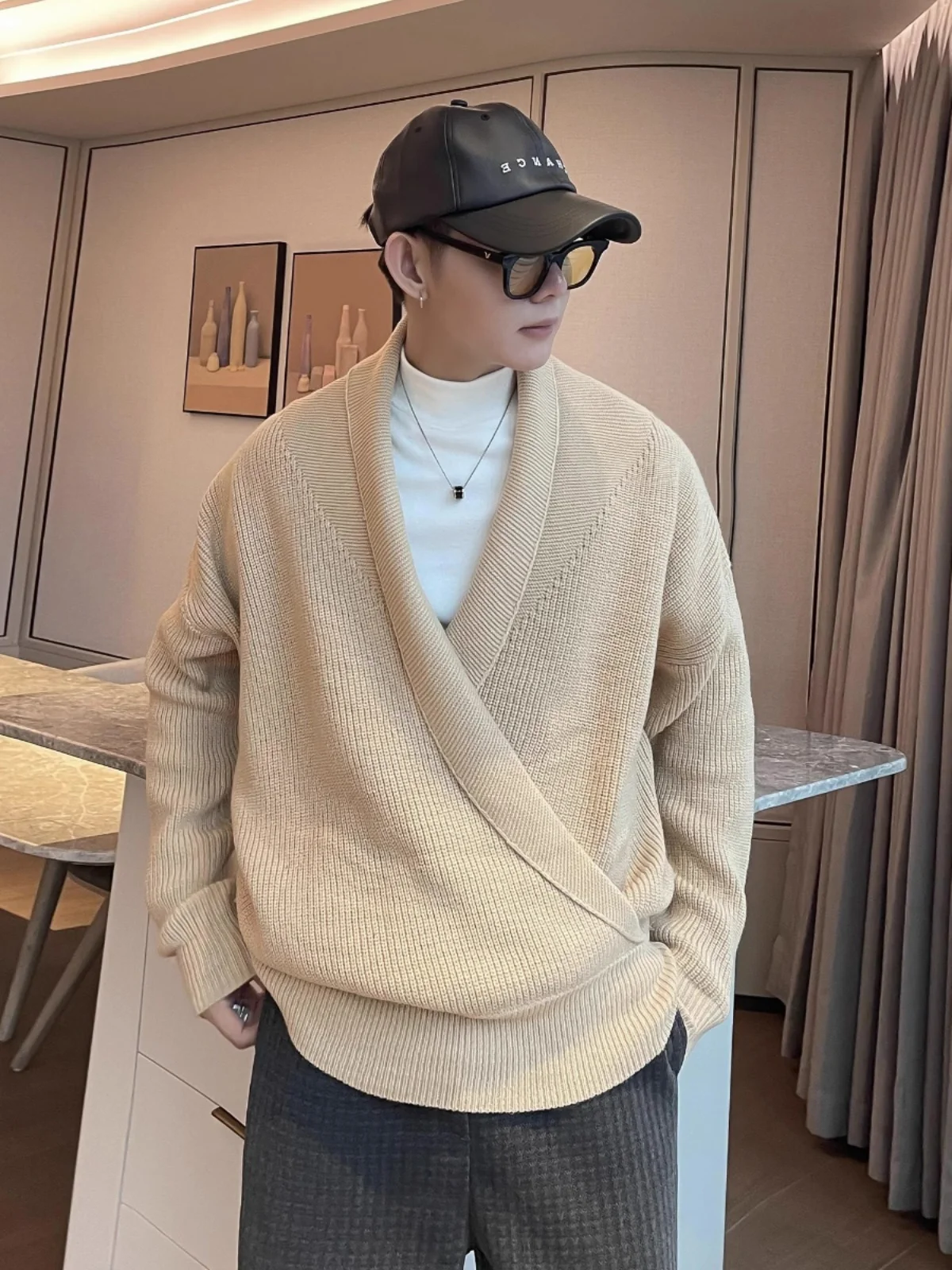 

Мужской вязаный свитер Lazy Sle с V-образным вырезом, длинный рукав, повседневный, городской стиль, однотонный, осенняя новинка