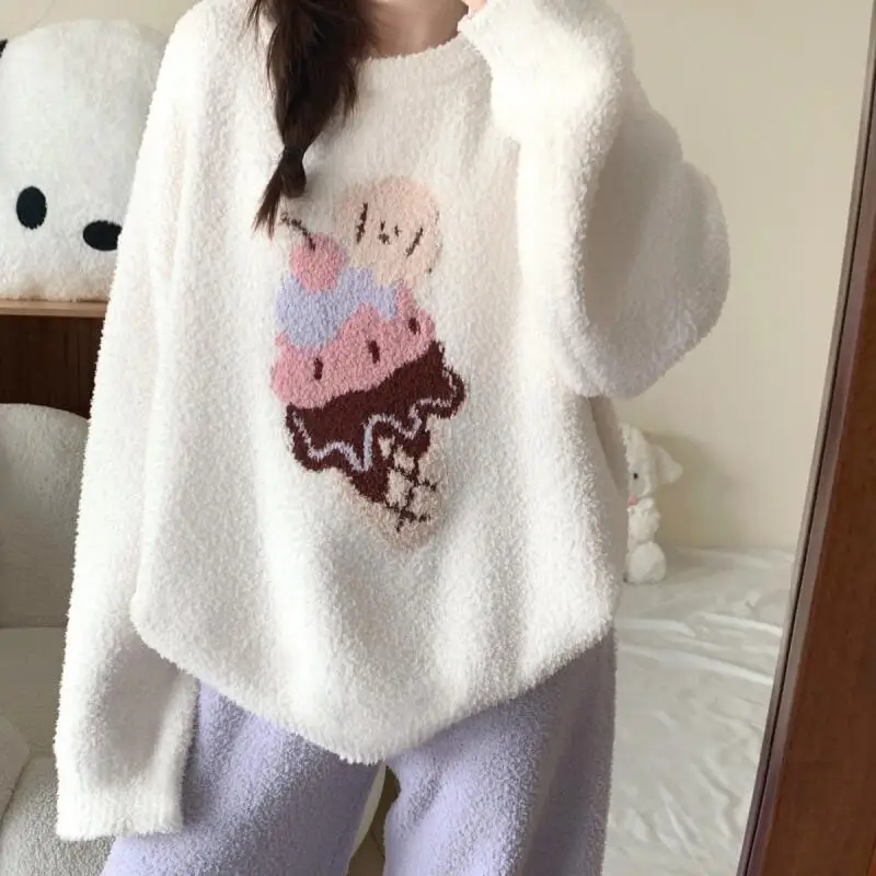 

Cartoon Plus Size Women's Pajama Set Autumn Winter Sleepwear Wearable As Outerwear Nightwear Set Half-Pile Kawaii Girl Homewear
