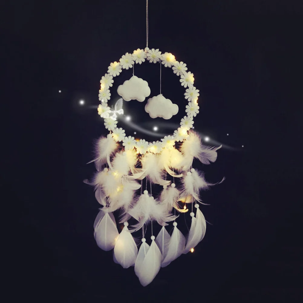 

Cloud Pendant Dream Catcher with White and String Lights DIY Bell Craft for Home Bedroom Living Room Decor Wedding