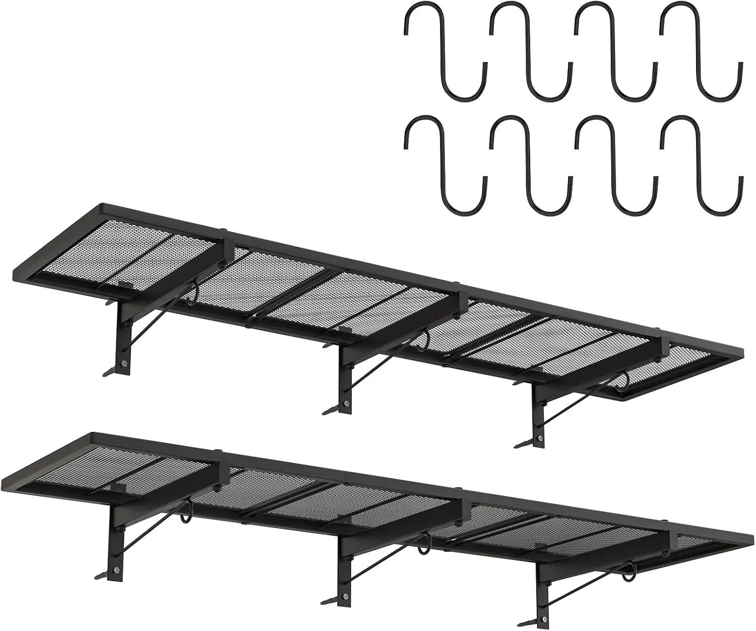 

2 Pack Garage Wall Shelf, Heavy Duty Shelving, 46x12.5 Inch Wall Mounted Floating Shelves with 8 Hooks, Metal Storage Rack, 320