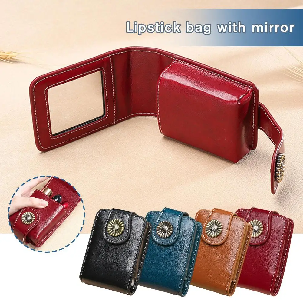 Mini-Make-up-Tasche, tragbare Lippenstift-Kosmetiktasche, hochwertiges Echtleder, Lippenstift-Paket, Lippenstifte, Aufbewahrungstasche mit Spiegel