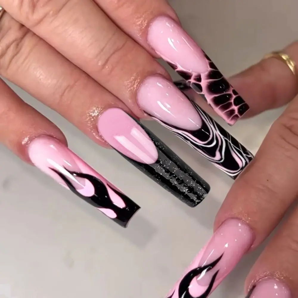 24pcs Long Almond False Nails Stiletto Ballerina Fake Nials Stained Love Butterfly Flame Detachable French Nail Tips DIY