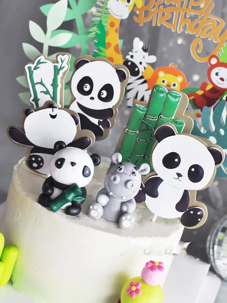 Panda Hippo Soft Pottery Cake Topper Doll Plug-in National Treasure Bamboo Green Leaf Baby Birthday Dress Up Card Baking Supplie