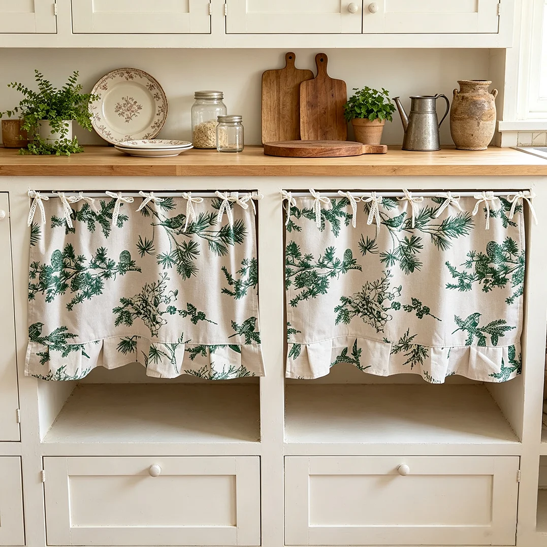 1Pc Fresh Retro Green Plant Floral Half Curtain, No Drill Privacy Divider Curtain for Cabinet Oven Dustproof Home Decor